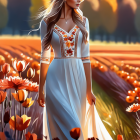 Woman in white dress standing in golden field with orange flowers and bouquet, bathed in sunlight