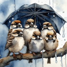 Five cartoon birds under blue umbrella on branch in rain