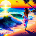 Woman in floral dress walking on beach at sunset with crashing waves and bending palm tree