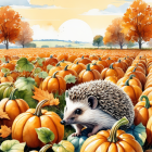 Hedgehog and pumpkins in autumn countryside scene