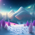 Fantasy winter night scene with colorful trees, cabin, snow hills, starry sky.