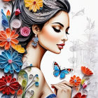 Colorful paper art flowers and butterflies adorn woman's hair in whimsical illustration