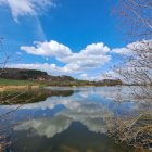 Tranquil landscape: serene lake, blooming trees, colorful foliage, snow-capped mountains,