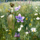 Colorful meadow painting with flowers and butterfly in dreamlike scene