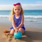 Young girl with bow holding blue ball on sandy beach by ocean