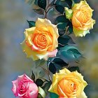 Colorful Watercolor Painting of Orange and Pink Roses with Blue Bud