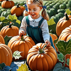 Young girl in blue dress surrounded by pumpkins in autumn field