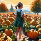 Young girl with braided hair in blue dress in pumpkin patch surrounded by autumn foliage