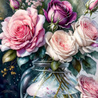 Colorful Floral Painting with Roses, Blue Flowers, and Snowflakes