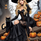 Witch in black dress with cat in spooky forest setting