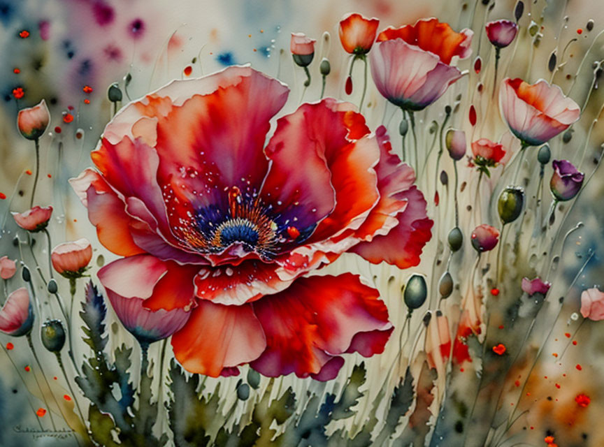 Colorful Watercolor Painting of Large Red Poppy Among Green Stems