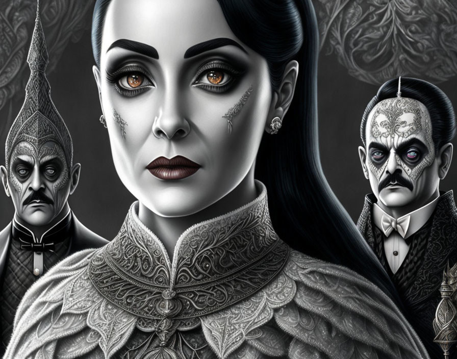 Gothic characters with pale skin and dark attire on dark, patterned background