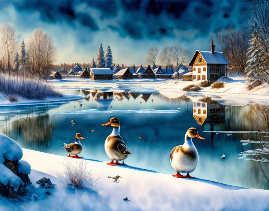 Snowy River Scene: Ducks, Cozy Houses, Dusk Sky