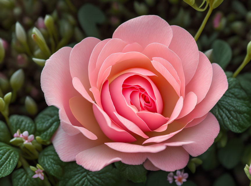 Pink layered rose with gradient petals in lush green foliage