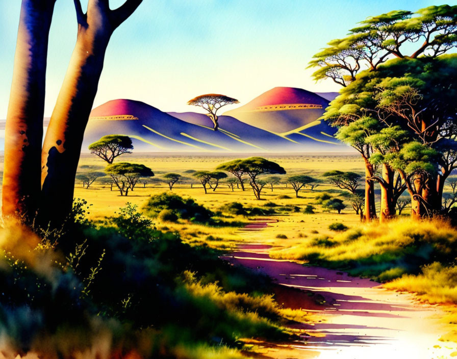 Colorful African Savanna Scene with Acacia Trees and Hills