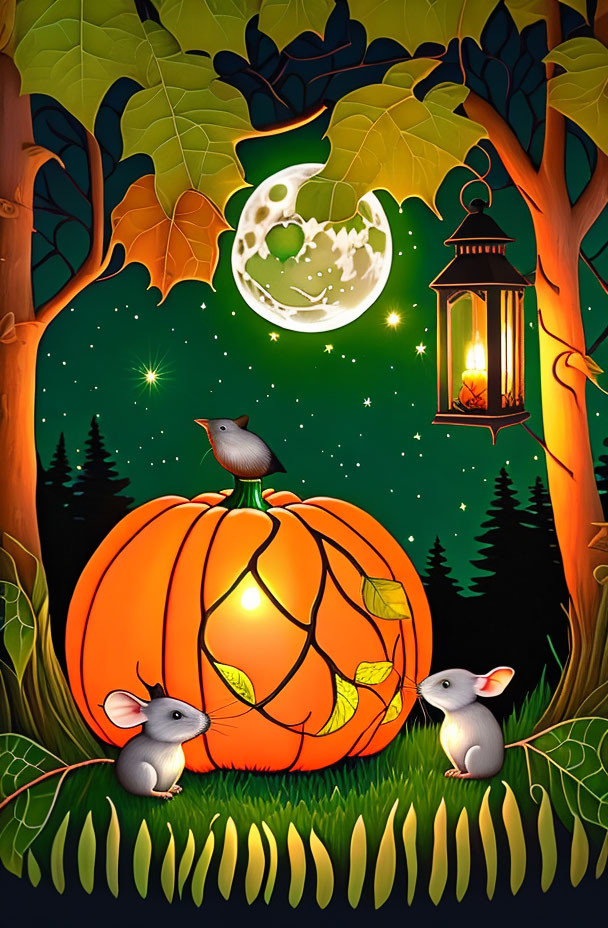 Whimsical night scene with pumpkin, moon, bird, mice, lantern & greenery