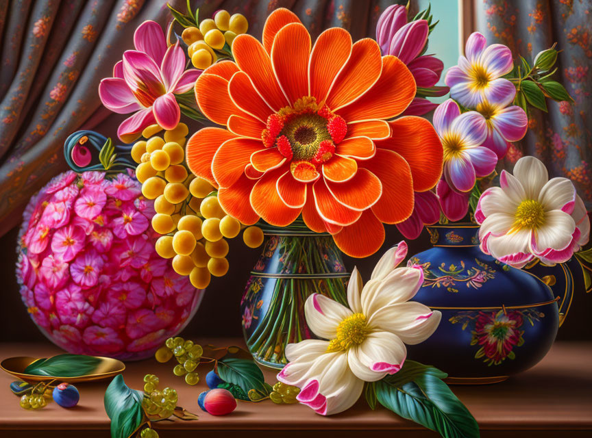 Colorful Flowers in Vase with Drapery and Sphere