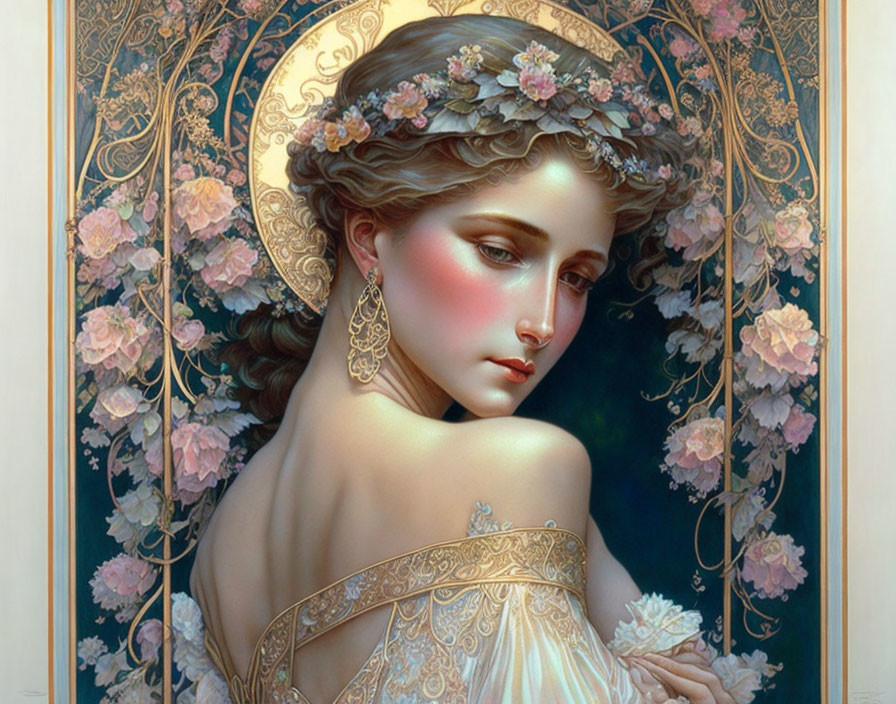 Art Nouveau-inspired painting of woman with floral headdress and roses in soft, warm hues