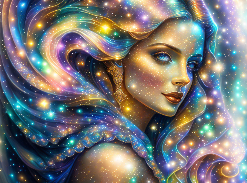 Cosmic-themed digital artwork of a woman with flowing hair in vibrant blues and golds