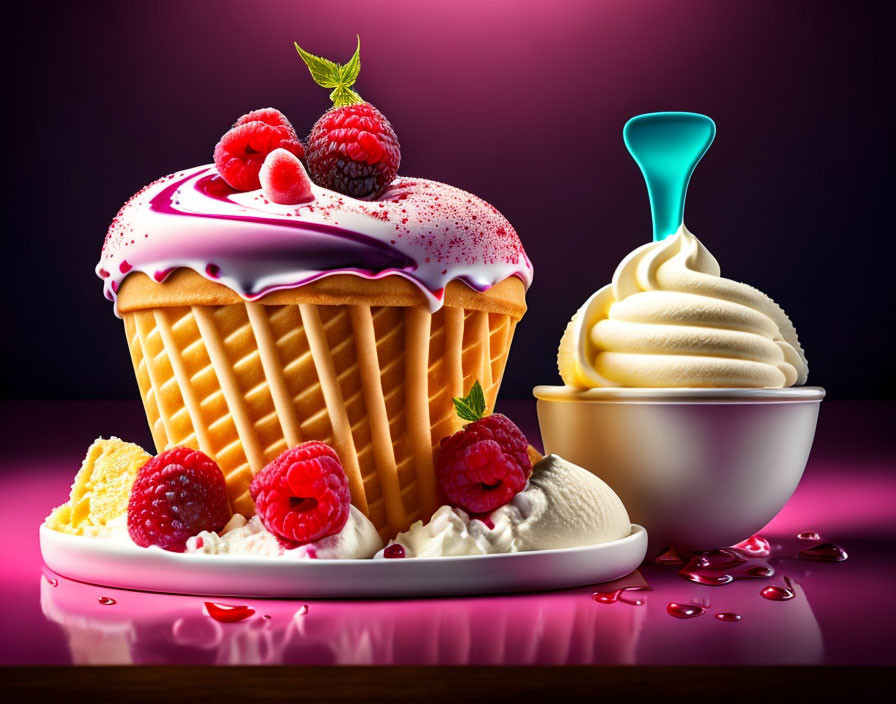 Raspberry-topped cupcake in waffle cone with vanilla ice cream on purple background