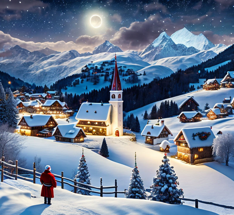 Red-dressed figure gazes at snowy village with starlit sky