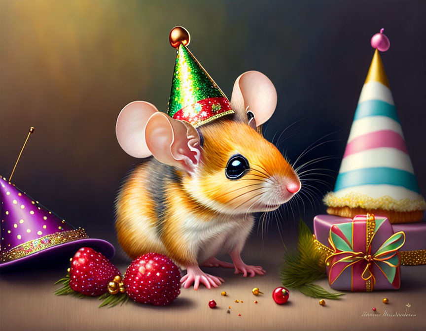 Whimsical illustration of cute mouse with party hat and holiday decorations