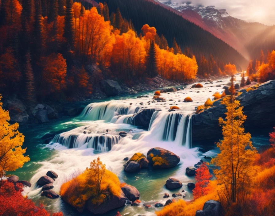 Autumnal forest with cascading waterfall and vibrant trees