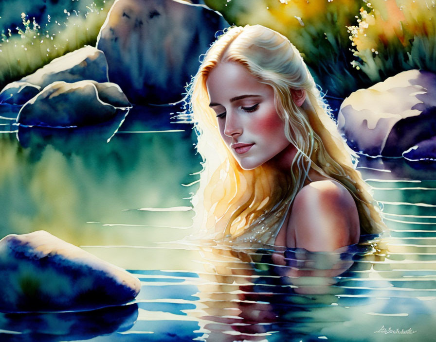 Blonde woman immersed in water surrounded by rocks and foliage