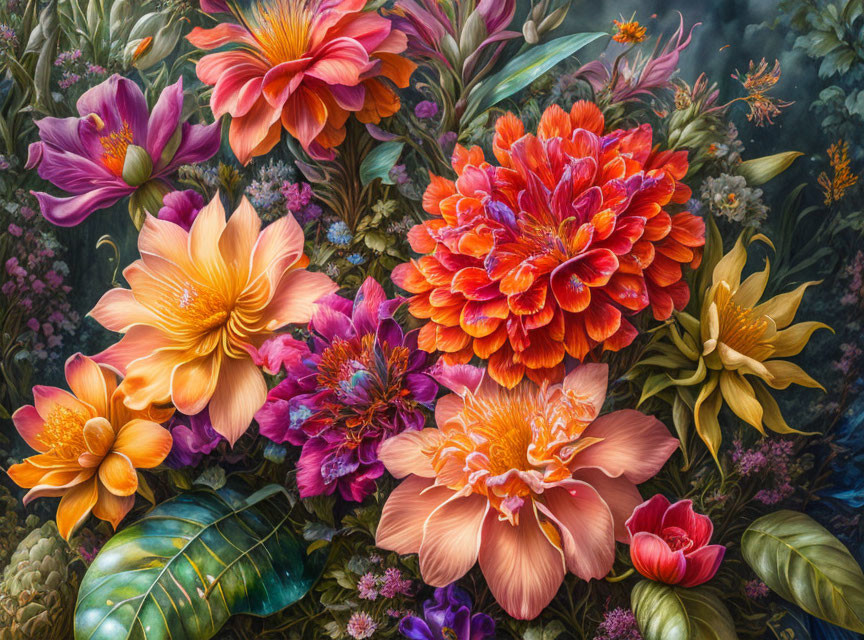 Colorful Floral Painting with Orange, Pink, and Purple Blooms