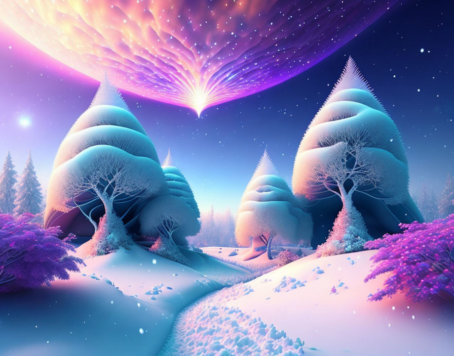 Fantasy landscape with snow-covered trees and celestial body