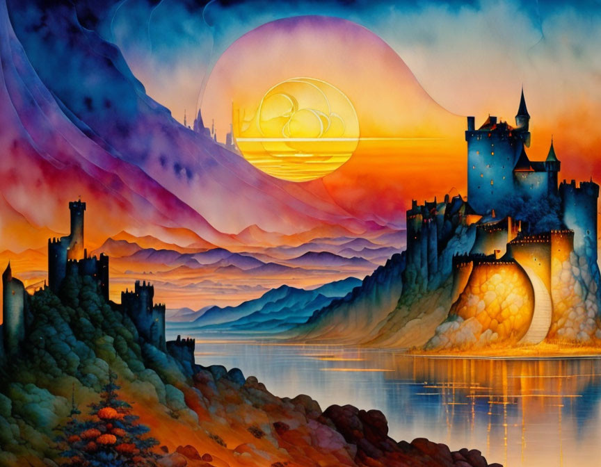 Colorful fantasy landscape with castles, lake, sunset, and dramatic sky