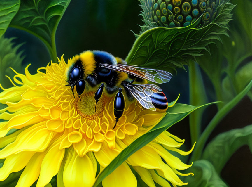 Detailed bee perched on yellow sunflower with blurred green background