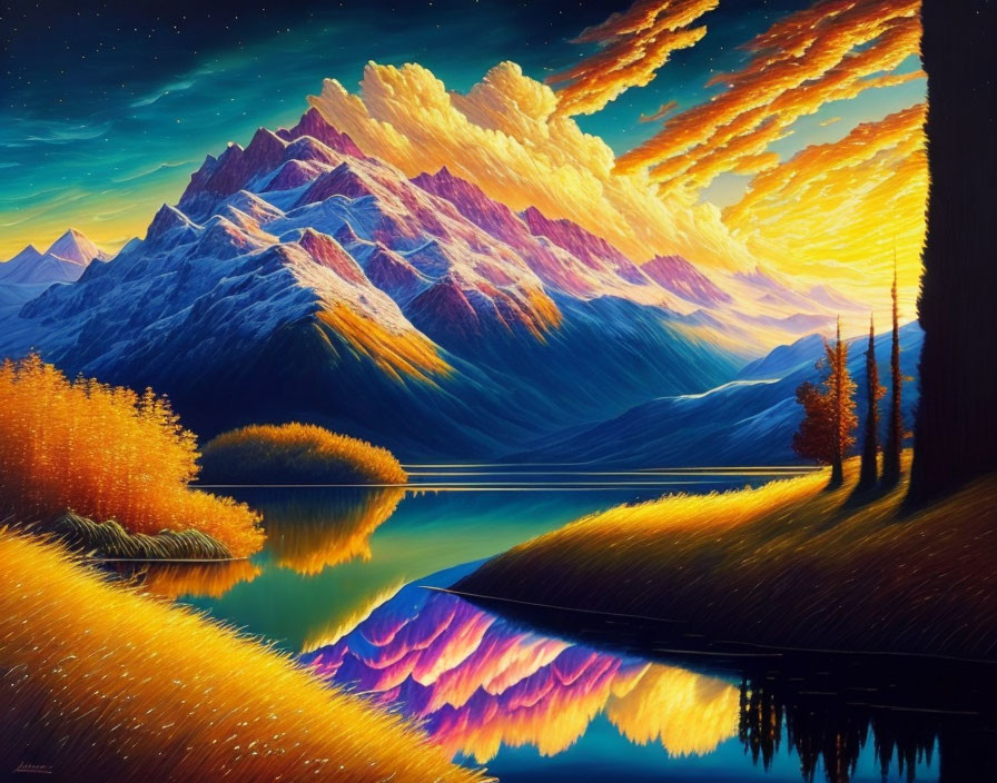 Colorful mountain landscape at sunset with reflective lake