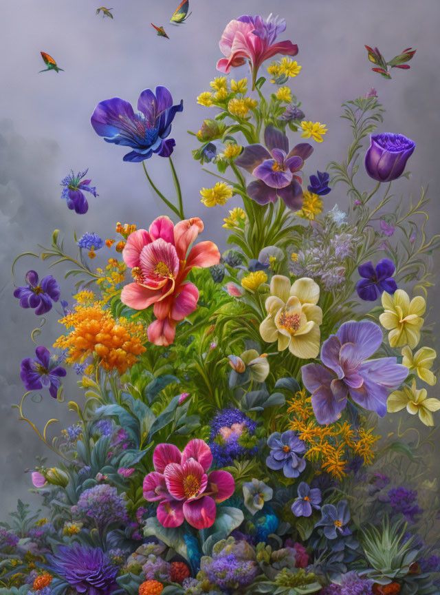 Assorted colorful flowers against misty gray backdrop