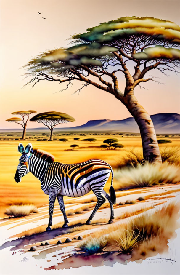 Colorful zebra painting under acacia tree in African savannah