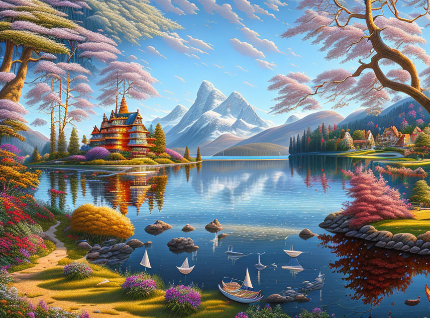 Colorful fantasy landscape with serene lake, pagoda, mountains, and blue sky