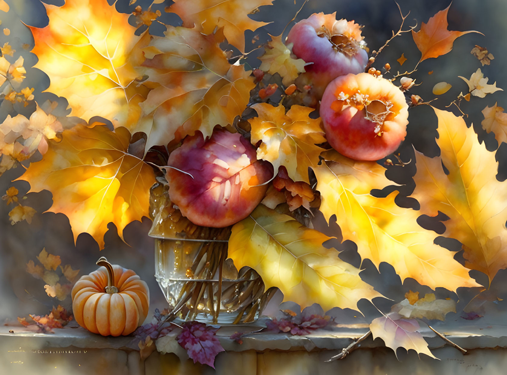 Autumnal still life with red apples, yellow leaves, and a small pumpkin