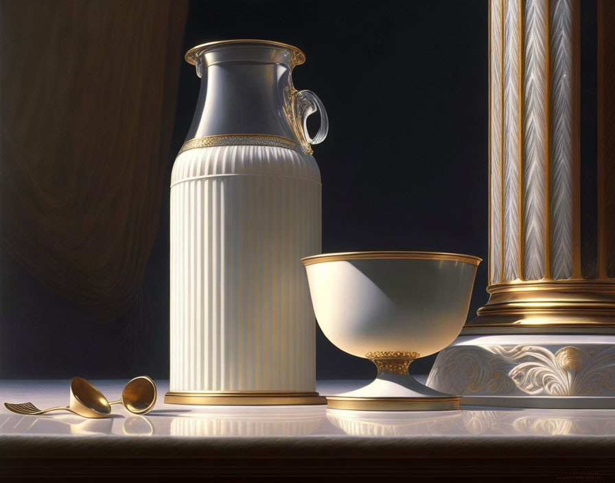 Classical still life with white jug, golden bowl, spoons, and column reflection