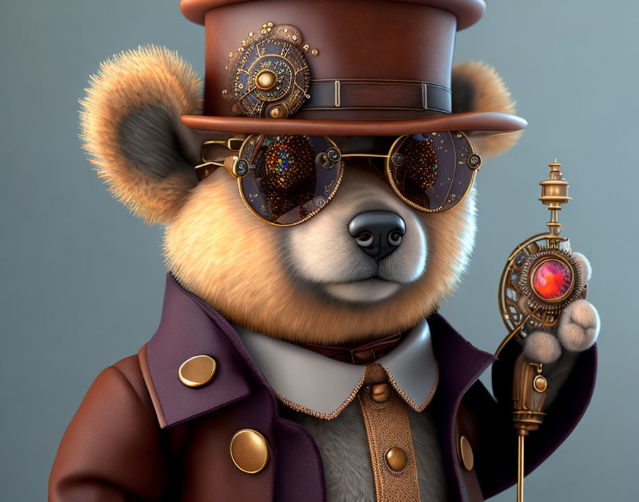 Steampunk-themed anthropomorphic bear with goggles, hat, purple coat, and cane