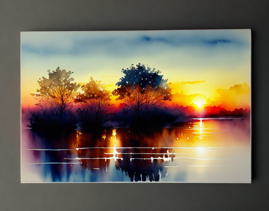 Watercolor painting of trees at sunset reflected on water, mounted on wall