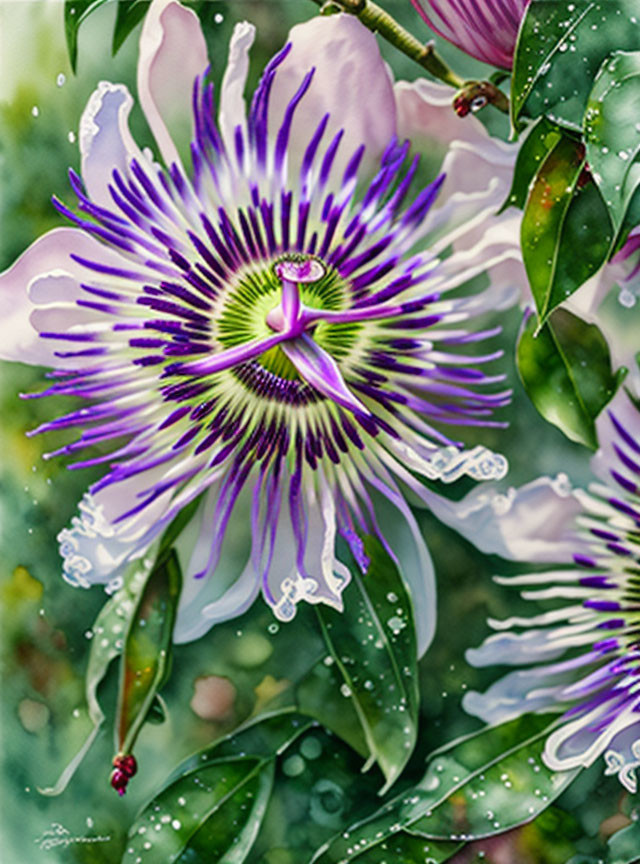 Detailed Purple and White Passion Flower Illustration with Water Droplets