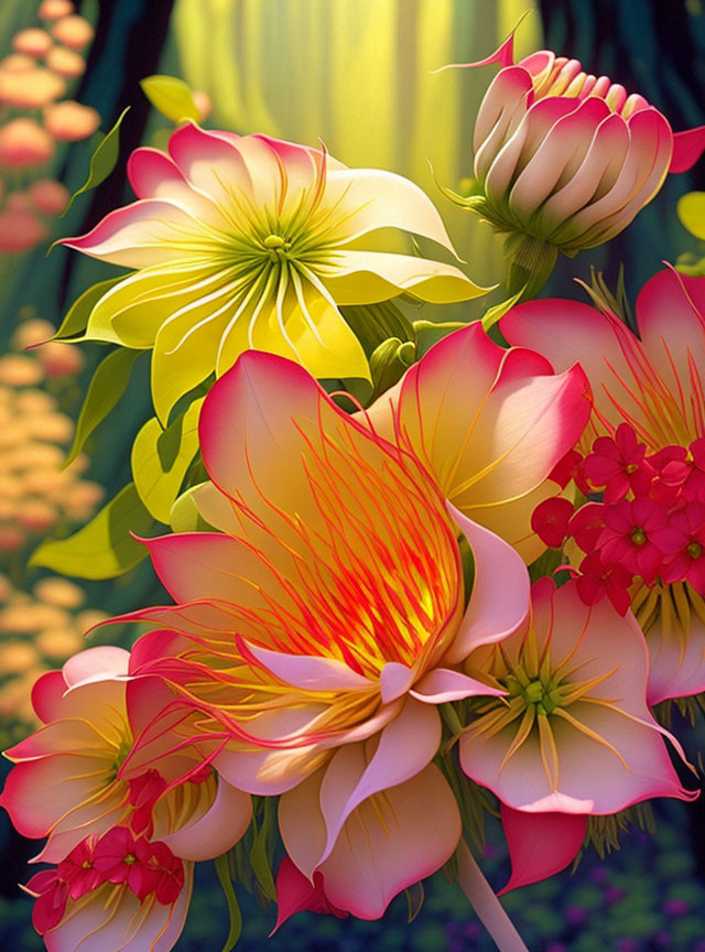 Colorful digital painting of blooming flowers on abstract backdrop