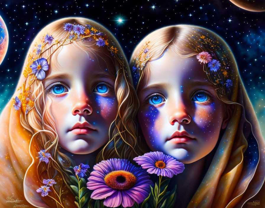 Digital painting: Twin girls with blue eyes and flowers in hair in cosmic setting