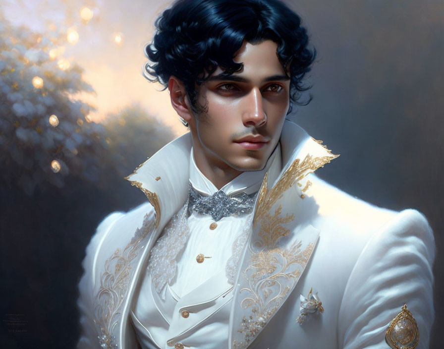 Man with Curly Black Hair in White and Gold Coat Portrait