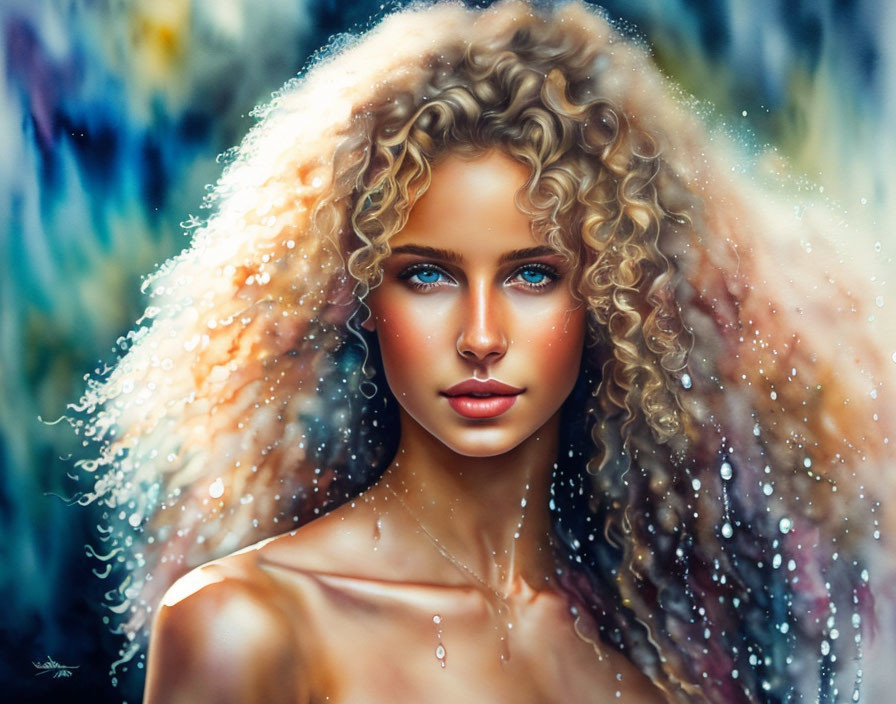 Blonde woman with blue eyes and water droplets on blurred background