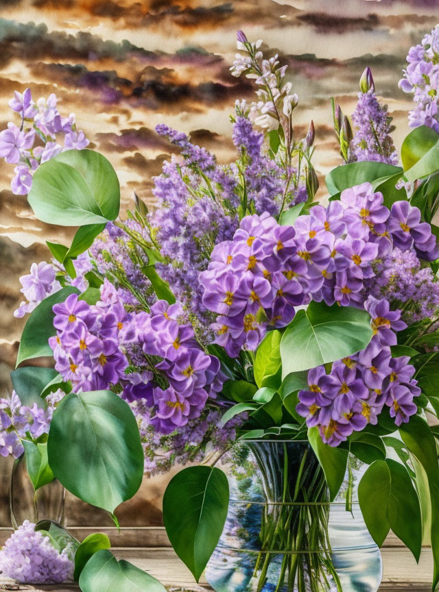 Colorful floral still-life painting with purple flowers, lilacs, and patterned vase under cloudy sky