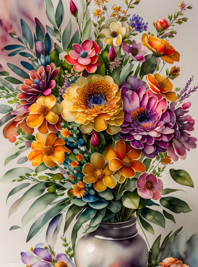 Vibrant floral vase with diverse flowers in watercolor style