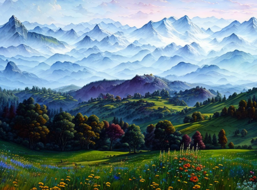 Tranquil landscape painting: Layered blue mountains, green meadow, vibrant flowers