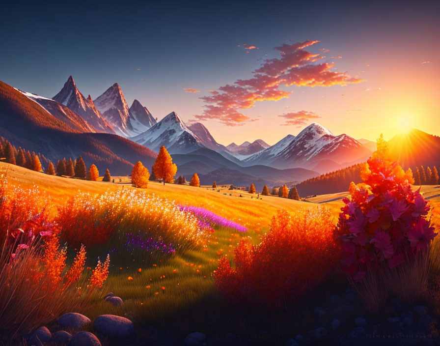 Colorful sunrise over picturesque mountain range with blooming meadow