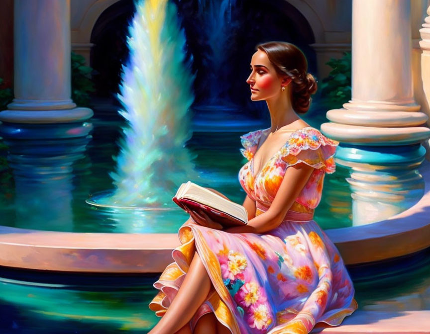 Woman in floral dress reading by fountain in sunny garden